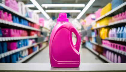 Pink detergent bottle on tabletop. Cleaning product container. Laundry concept. Mock-up.
