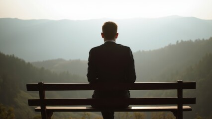 Tranquil Landscape View with Man Sitting on Bench