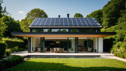 Naklejka premium Modern energy-efficient house with large solar panels on the roof, surrounded by lush greenery. Ideal for showcasing sustainable architecture and eco-friendly living in harmony with nature