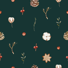A simple and elegant pattern featuring a minimalist design of winter botanicals, including cotton flowers, pinecones, red berries, and delicate twigs.