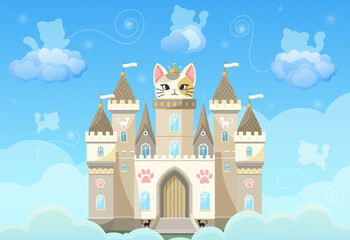 A whimsical cartoon castle featuring a cat on top, surrounded by clouds. Vector illustration
