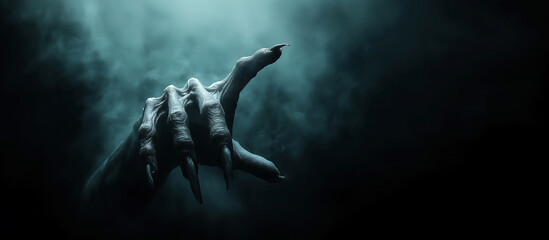 Pointing creepy zombie monster hand on dark smoky background. Halloween concept. Cinematic moody scene, horror movie theme.