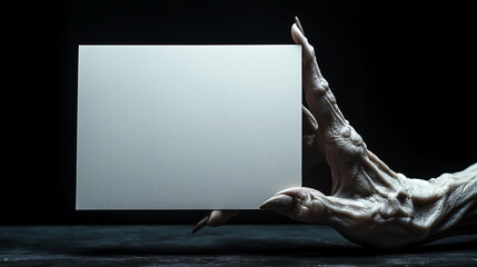 Creepy zombie monster hand holding empty white blank. Halloween concept. Cinematic moody scene, horror movie theme.