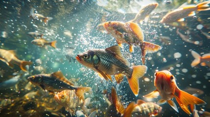 Underwater Feeding Frenzy: Fish Gather Around Submerged Bait Feeder