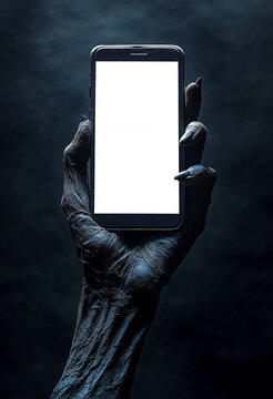 Creepy zombie monster hand holding smartphone with empty white screen. Dark background moonlight. Halloween concept. Cinematic moody scene, horror movie theme.