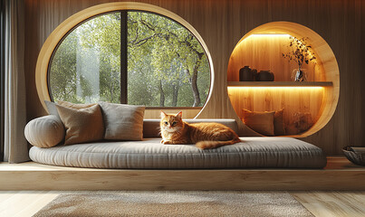 spacious living room interior, sofa, furniture in brown colors, cute red cat on soft sofa