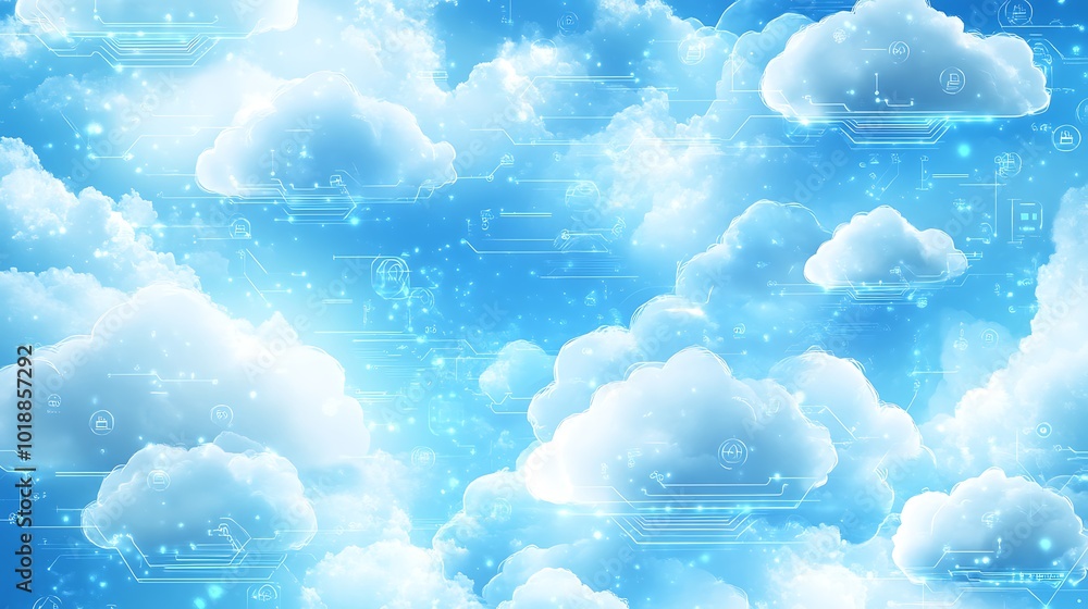 Poster abstract digital cloud computing background with glowing blue lines and white clouds on a blue sky.