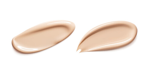 Foundation beige stroke. Face Cosmetic, make up. Cream texture, liquid cosmetic smear. Foundation, BB cream, CC cream, Concealer, face skin product. Realistic Vector 3d Illustration Set
