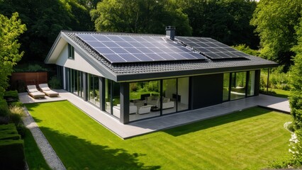 Obraz premium Modern energy-efficient house with large solar panels on the roof, surrounded by lush greenery. Ideal for showcasing sustainable architecture and eco-friendly living in harmony with nature