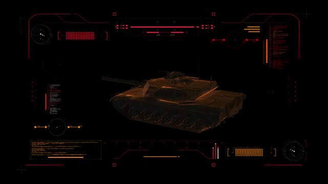 Digital Blueprint Scan of US Army Main Battle Tank M1 Abrams. Futuristic User Interface HUD. Military Recon 360 View. M1A2 War Machine.
