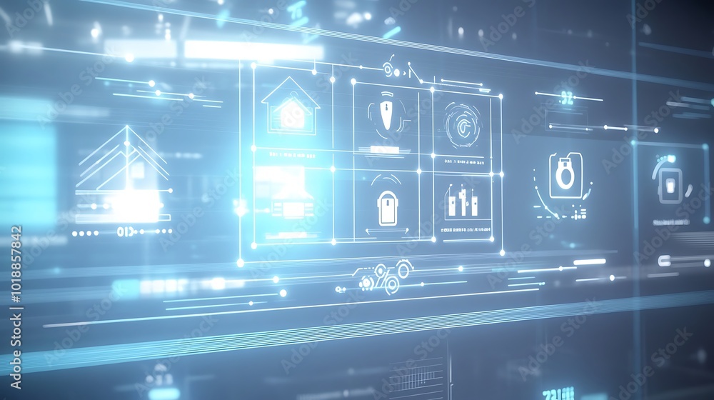 Poster futuristic interface with icons for home security, automation, and smart home technology.
