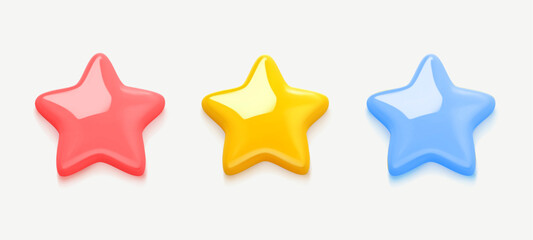 Realistic 3d render game achievements stars. Vector cartoon 3d colorful isolated icons set. Red, yellow, blue. High quality rating symbol, customer feedback sign. For web, apps, advert, game design.