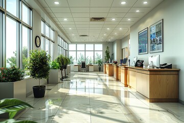 A 3D realistic model of a high-tech office space.