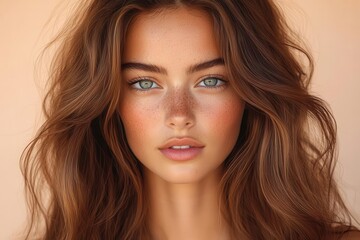 Naklejka premium model with lustrous straight brown hair cascading down radiating natural beauty with glowing skin elegantly posed for a skincare advertisement exuding confidence and charm