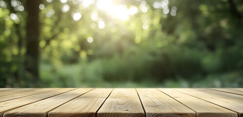 Wooden Tabletop Mockup with Blurred Forest Background