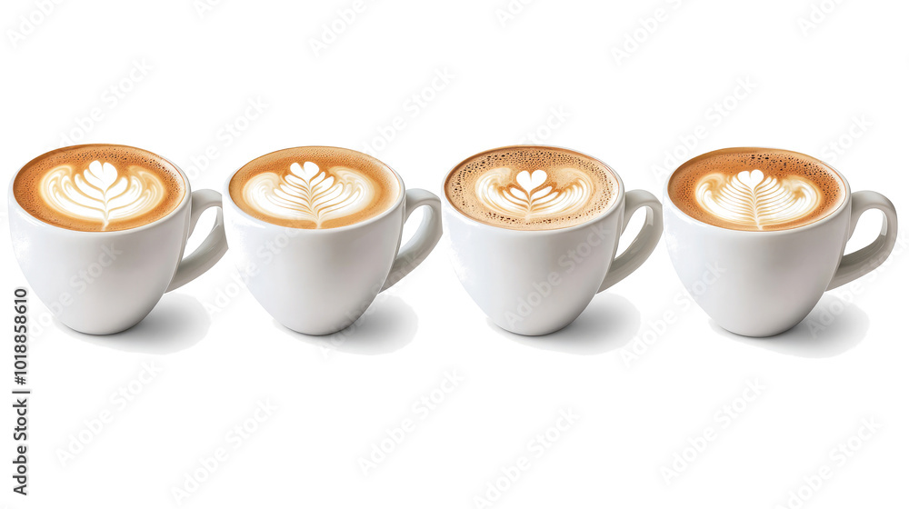 Poster collection of four latte cups with intricate foam designs generative ai