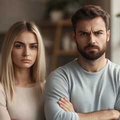 Fototapeta premium A serious Caucasian couple with crossed arms, expressing tension in a modern indoor setting.