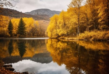 Fototapeta premium Vibrant yellow leaves create a stunning autumn display around a calm lake, with reflections mirroring the foliage on the water's surface as the day comes to a close. Generative AI