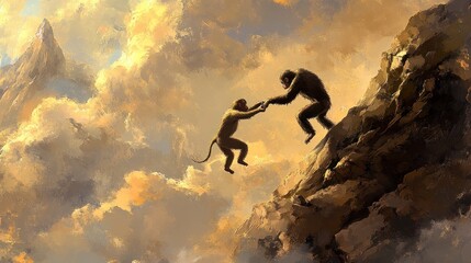 Monkey helps another monkey climb a mountain slope, reaching out to help his friend reach the heights, with clouds and mist in the background