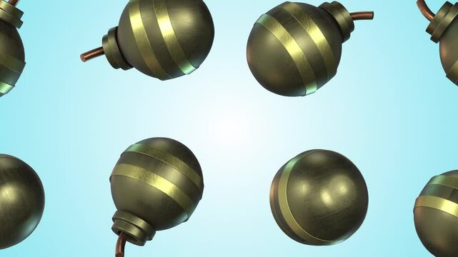 3D Bombs Falling on a Light Blue Background. Explosives 3D Animation. 4K