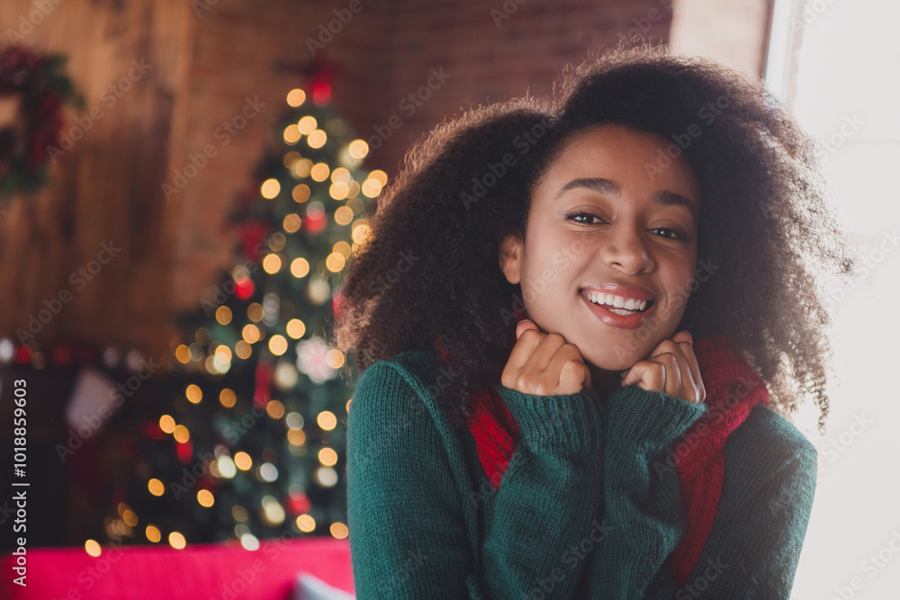 Canvas Prints Photo of pretty young woman coziness toothy smile wear sweater christmas festive time apartment indoors