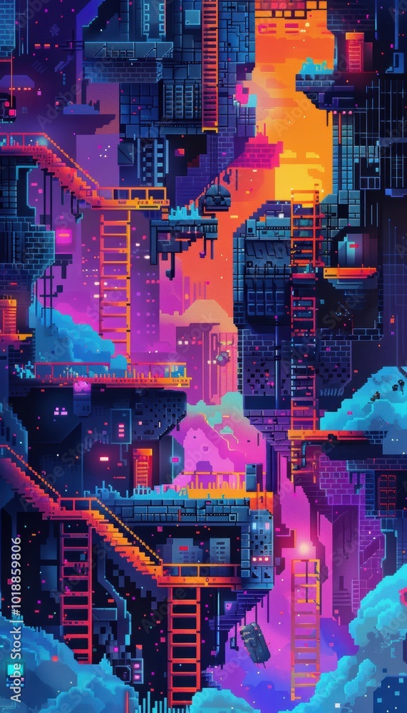 Aufkleber retro arcade game pixelated background: bright platforms and ladders for gaming events