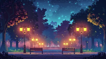 Pixelated Nighttime Urban Park with Glowing Streetlights for Design and Promotion Uses