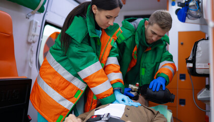 Paramedics in uniforms perform emergency CPR on a male patient inside an ambulance. One administers...