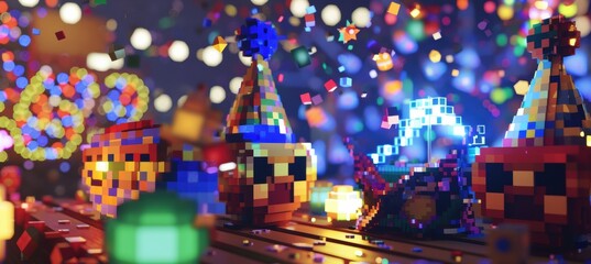 Pixelated Party Masks and Hats with Countdown at New Year's Eve Celebration