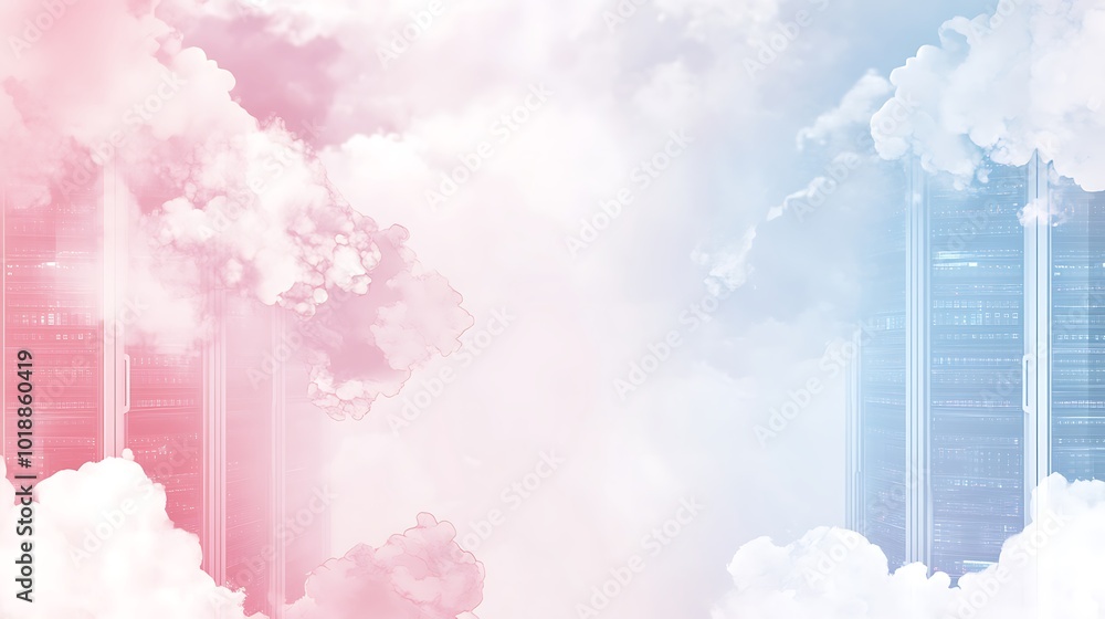 Poster A server rack with glowing lights is seen behind clouds, representing the concept of cloud computing.