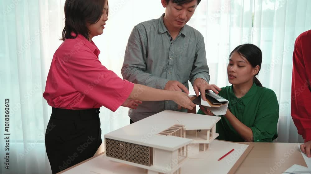 Poster slow motion home designer using architectural equipment draw a blueprint while interior designer sel