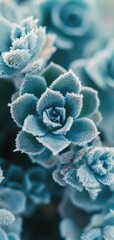Macro shot of a frozen succulent plant with intricate frost details showcasing cool blue and green tones