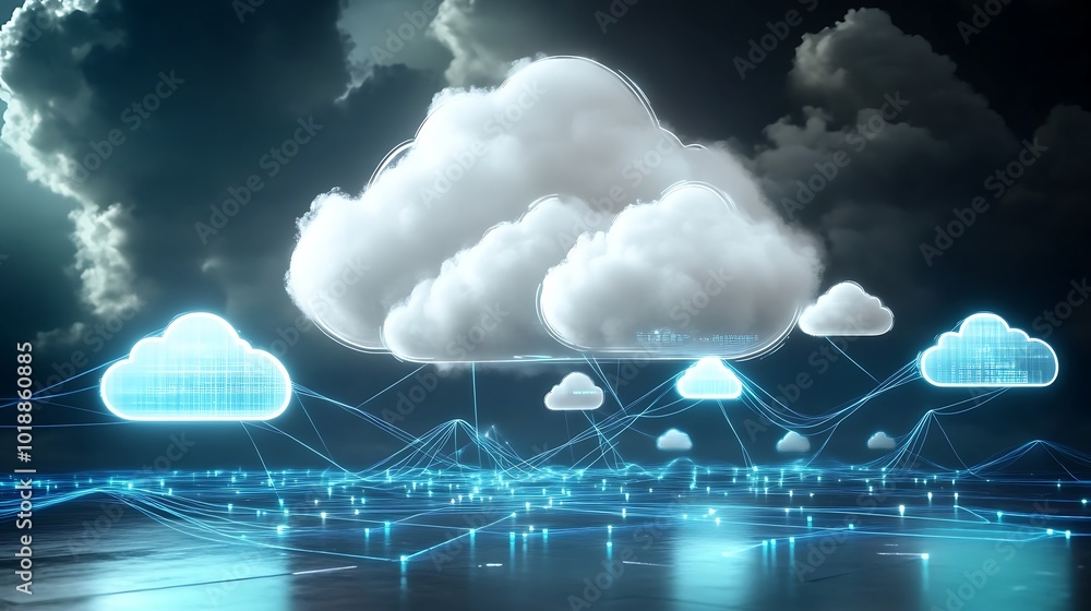 Poster Abstract cloud computing concept with digital network lines.