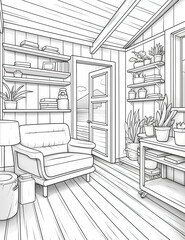 Beautiful Tiny Interior Coloring Page with 3D Render, Tiny House interiors Colouring Design for Your Corporate Books and Business Graphic Resource or Creative Project, Ai Generative