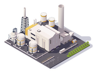 Obraz premium A detailed isometric view of an industrial factory with tanks and structures. Vector illustration