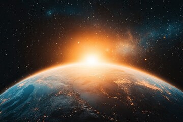 Fototapeta premium planet with sunrise on the background of stars .generative ai