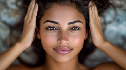 Fototapeta premium A joyful woman smiling brightly while relaxing on a colorful blanket indoors during daytime