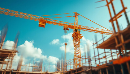 Aerial view highlighting a construction crane over a bustling construction site.