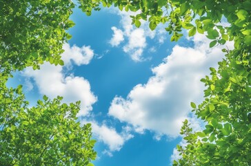 Fototapeta premium Bright blue sky and leafy branches create a serene atmosphere on a sunny day
