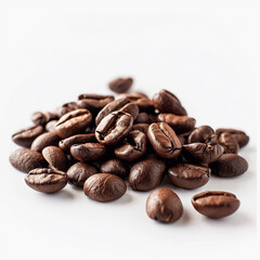 Naklejka premium Coffee bean macro shot near a pile of coffee beans on a white background with free space on the right 
