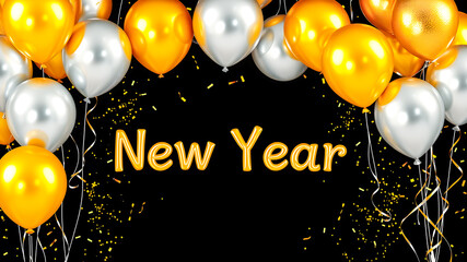 New Year greeting card with golden and silver balloons. 