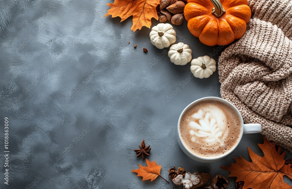 Wall mural cozy fall coffee arrangement with pumpkin, knit sweater, and autumn leaves on a gray background