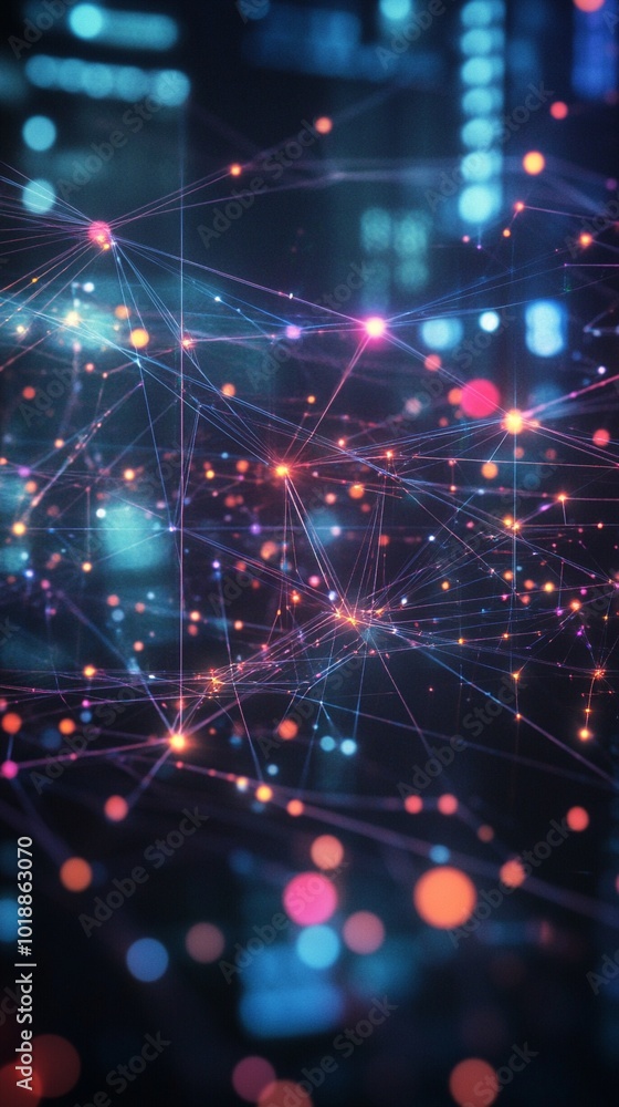 Wall mural glowing network of interconnected nodes and lines representing digital connectivity, data transfer, 