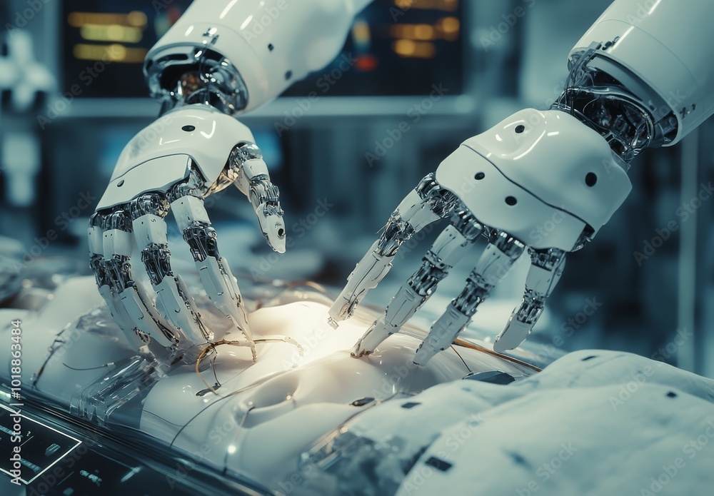 Poster robotic hands interact in a futuristic laboratory setting during a technology demonstration