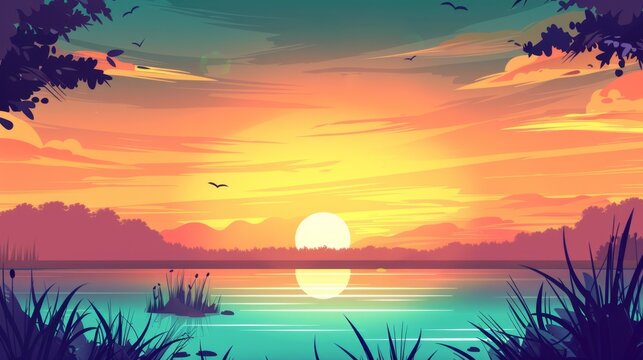 Scenic Cartoon Sunset Over Tranquil Lake with Colorful Sky and Reflection Vector Illustration