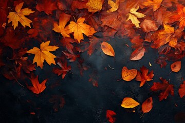 Falling autumn leaves of varying shades artistically scattered on a dark background.