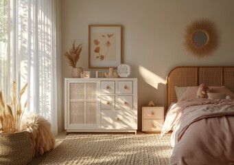 Cozy and serene bedroom with pastel decor and soft lighting in a bright, sunny setting