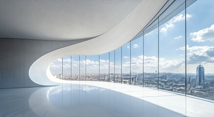 Stunning cityscape view from modern building showcasing nature and urban skyline on sunny day © olegganko