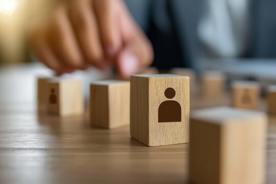 Close-up view of a hand arranging small wooden blocks with human icons illustrating management concepts.