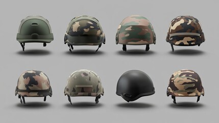 Naklejka premium Realistic Military Helmet Isolated for Army Outfit Presentation, Featuring Camouflage Set and 3D Warrior Safe Rendering Templates for Battle Defense Equipment Customization.